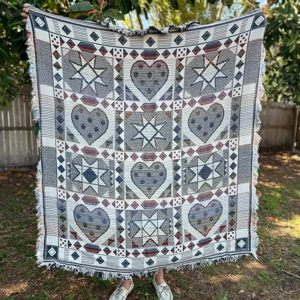 Vintage Woven Folk Art Throw Blanket Heart & Star Quilt Pattern Fringe